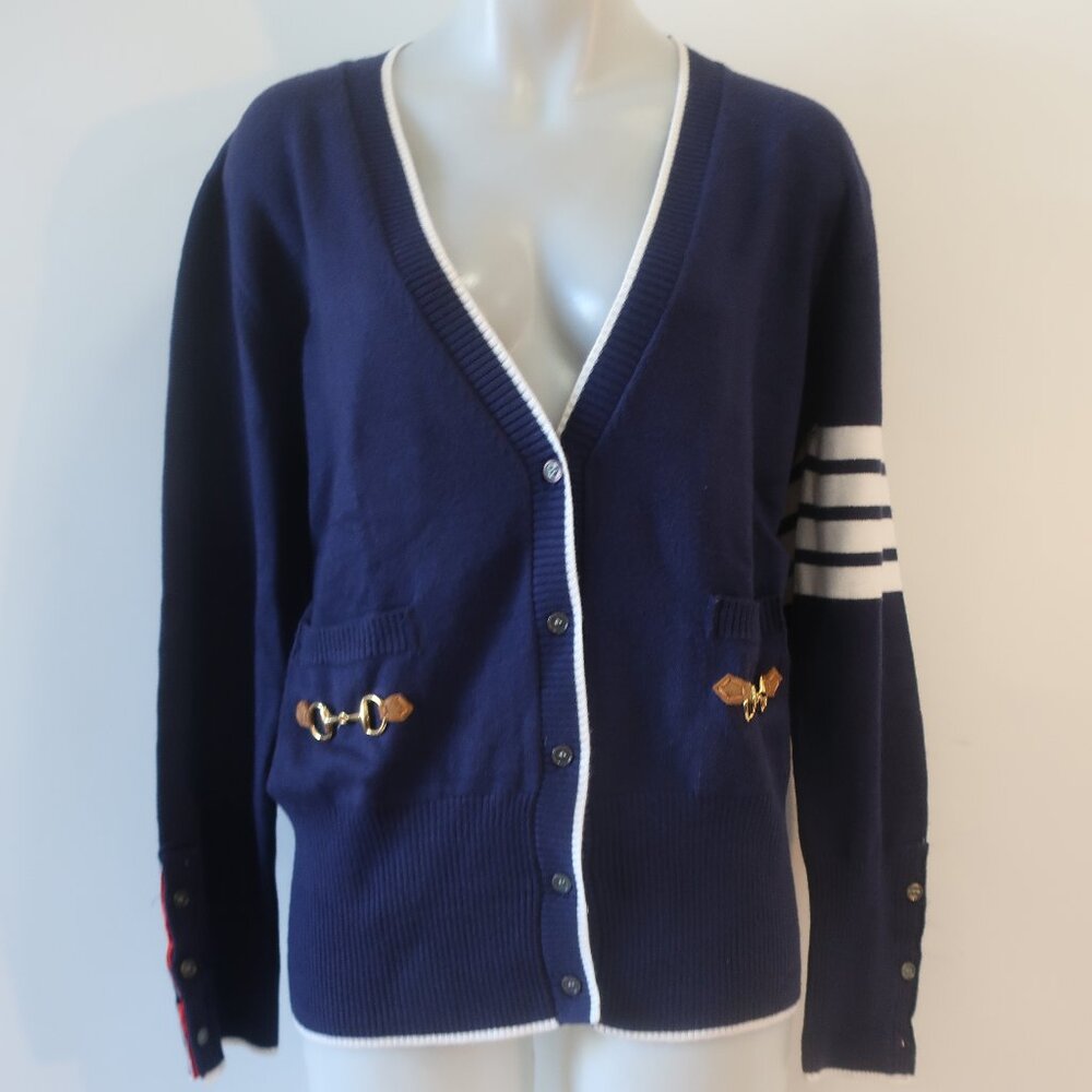 NWT Romi Basha Harper Navy Blue, White Cardigan Sweater O/S *
